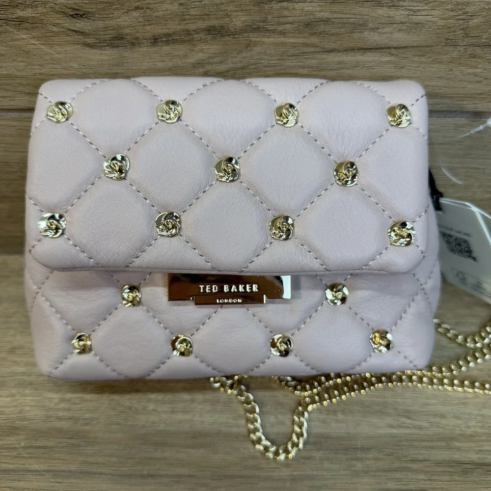 Ted Baker Ginn Quilted Leather Mini Crossbody Bag Rose Stud Soft Pink Chain